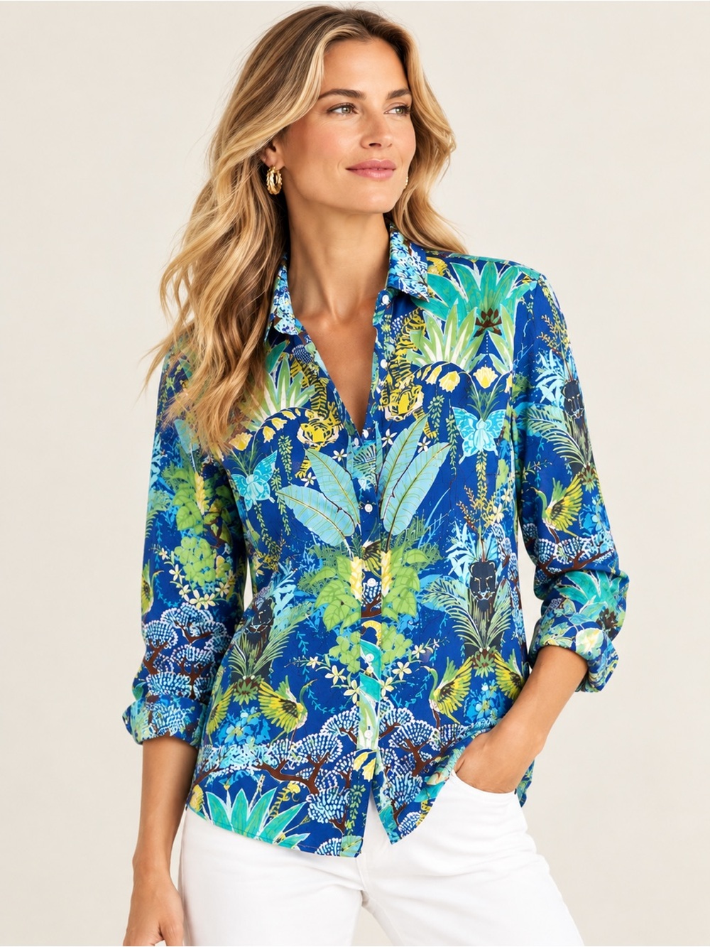 J. McLaughlin Jungle Print Button Down Shirt Blue Tropical Tiger Leopard Cotton